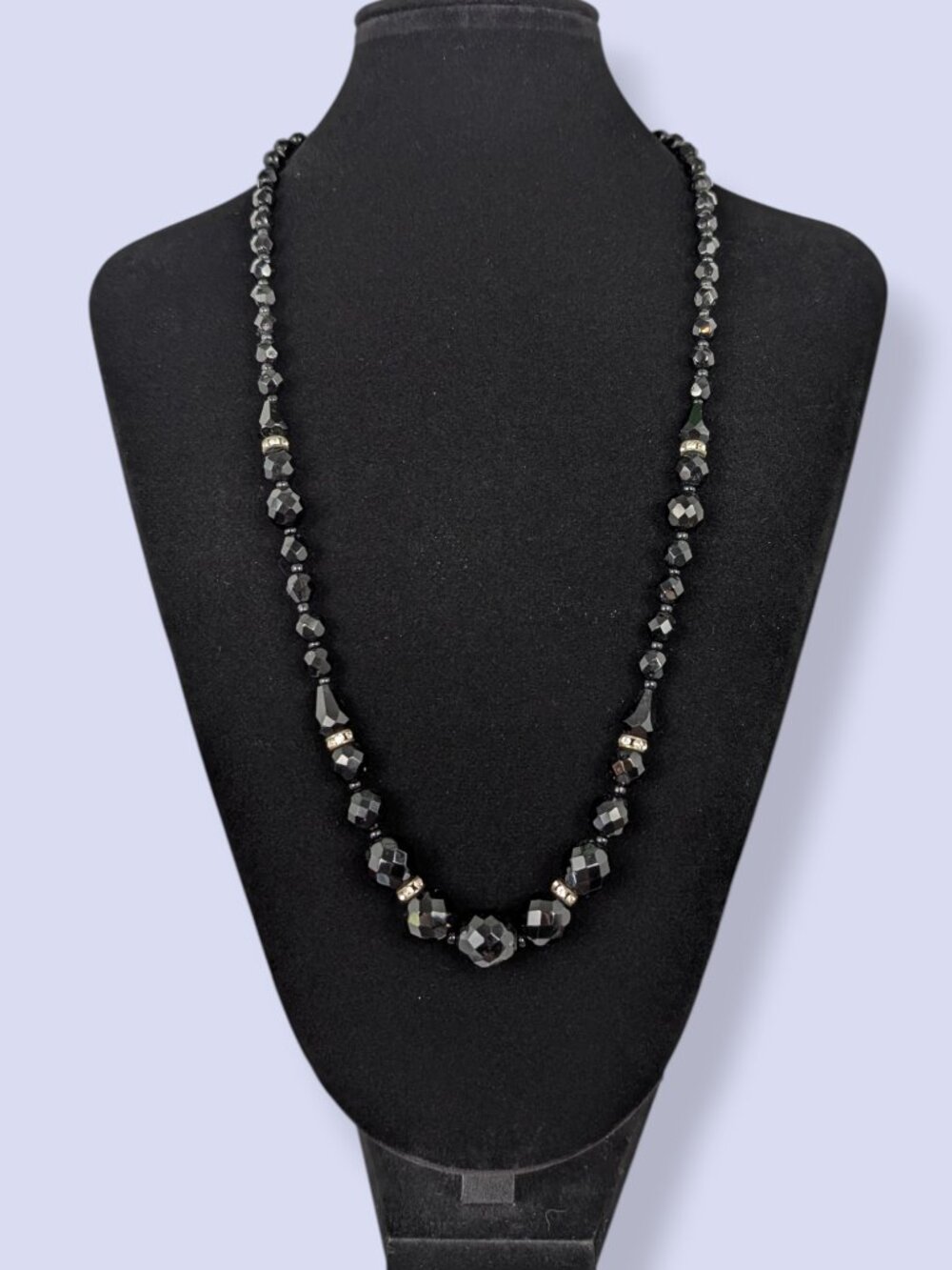 Vintage Black Faceted Glass Beaded Rhinestone Accent Necklace